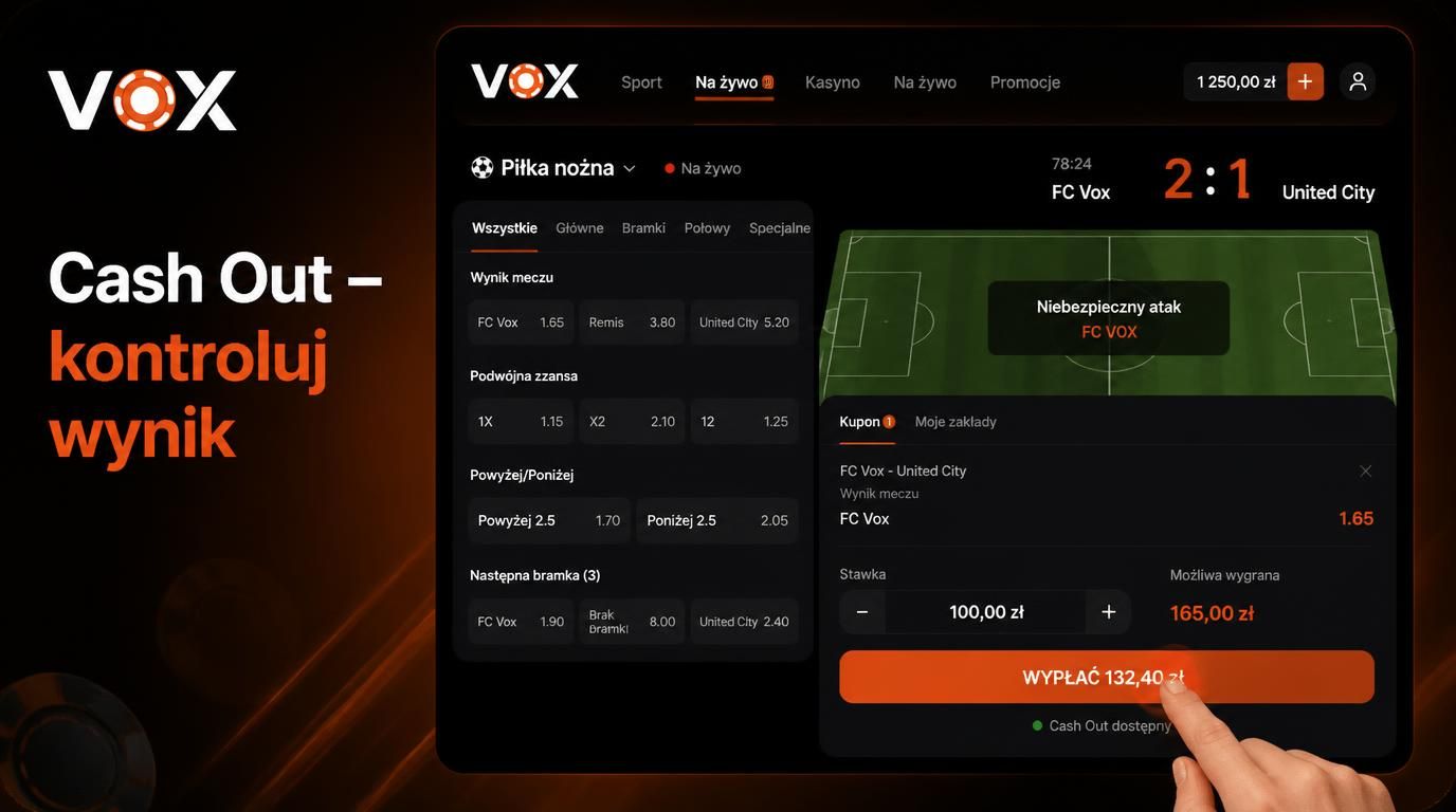 Interfejs Cash Out w Vox Casino z piłką nożną i dynamiczną zmianą wartości zakładu