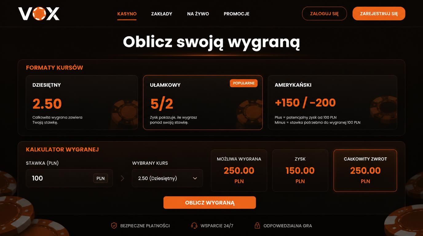 Różne formaty kursów i kalkulator wygranych w Vox Casino
