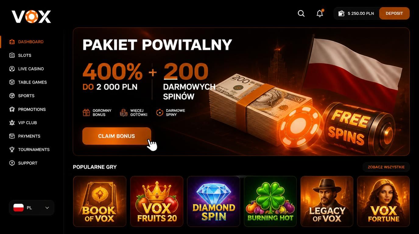 interfejs z bonusem powitalnym kasyna i grafikami free spinów w stylu polskim