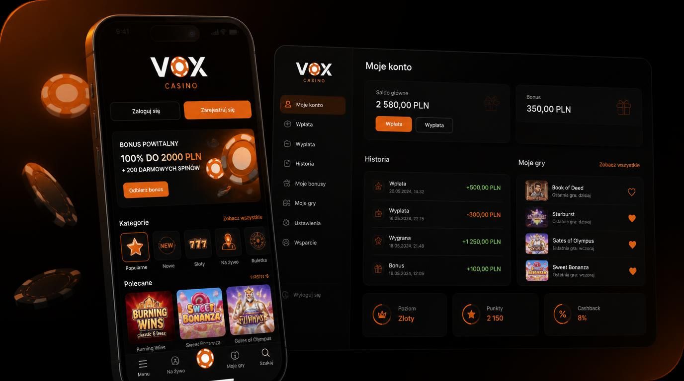 telefon z aplikacją Vox Casino pokazujący saldo, historię i ulubione gry