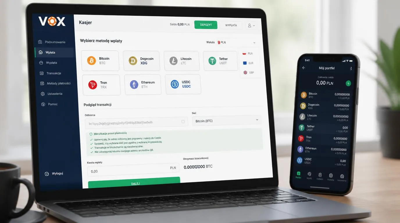 Panel kasjera z walutami PLN, EUR i GBP oraz wyborem kryptowalut do zasilenia konta